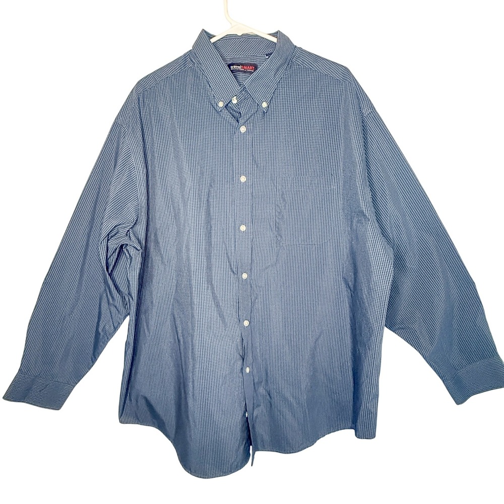 Roundtree & Yorke TravelSmart Mens 2XB Blue Check Button Down Big & Tall